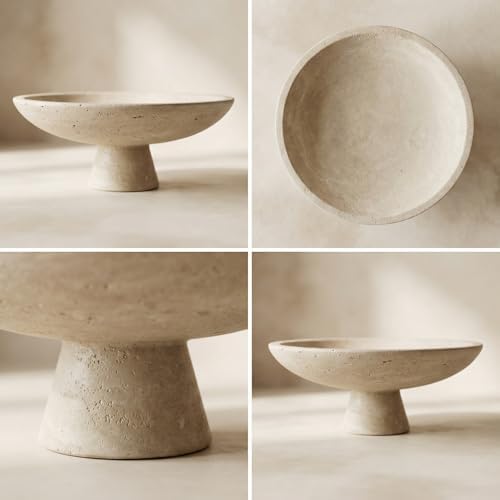 Natural Travertine Decorative Bowl - 10" Small Oval Pedestal Catchall Tray - Handcrafted Beige Footed Stone Centerpiece for Entryway, Coffee Table, or Kitchen (Japandi Style) - Image 2