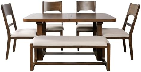 VilroCaz 6-Piece Acacia Wood Dining Table Set, Extendable Rectangular Dining Table with 4 Upholstered Dining Chairs& Bench, Reinforced Stretcher Base for Kitchen and Dining Room (Brown/Beige) - Image 6