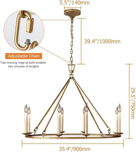 LOVEDIMA Gold Wagon Wheel Chandelier Rustic 35.4'' Candle-Shaped Metal Chandeliers Antique Brass Round Ceiling Hanging Light Fixture (8-Light) - Image 3