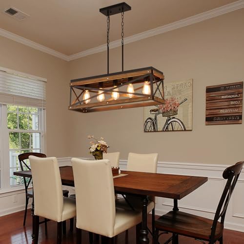 Rustic Farmhouse Wood Kitchen Island Lighting, 5 Lights Rectangular Pendant Light Fixture, Adjustable Chain Oak Wood and Metal Linear Chandelier for Dining Room Kitchen Island Farmhouse, Black - Image 3
