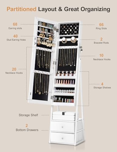 Nicetree Jewelry Cabinet Armoire, 2 Drawers, Full Length Mirror, Pure White - Image 4