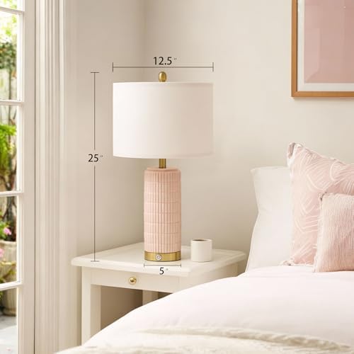 PoKat 25'' Table Lamps Set of 2 for Bedroom with 3-Way Dimmable Touch Control, Bedside Lamps with USB A+C Ports for Living Room, Modern Ceramic Pink Lamps for Kids Girls Decor (2 Bulbs Included) - Image 6