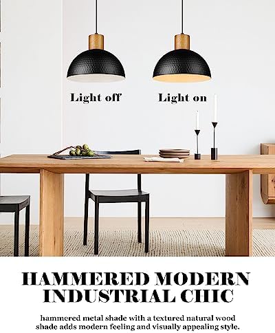 ELYONA 12" Hammered Metal Pendant Light, Rubber Wood Dome Hanging Lamp, Modern Pendant Light Fixtures for Kitchen Island, Bar, Farmhouse Dining Room, Bedroom, Hallway - Black - Image 5