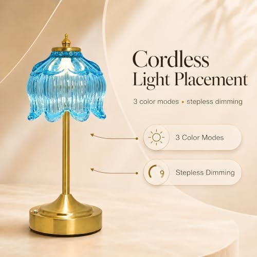 Lotus Flower Table Lamp, Cordless Rechargeable Amber Glass Bedside Lamp | 3600mAh Battery, Touch Control, 3 Color Modes & Stepless Dimming for Bedroom, Nightstand Lake Blue 1PC - Image 2