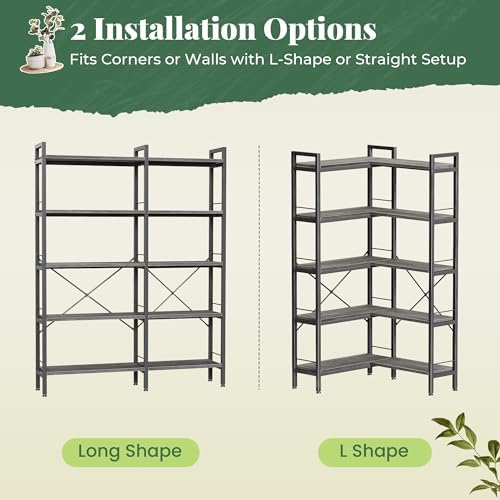 Huuger 5 Tier Bookshelf, L Shaped Corner Bookshelf with 10 Open Shelves, 49.4 Inch Straight Wide Bookcase with Metal Frame and Wooden Board, Adjustable Feet, Grey - Image 7