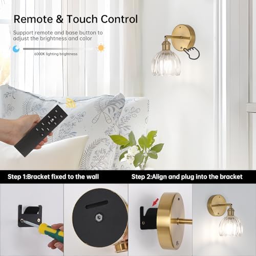 Shenmoyl Battery Operated Vintage Wall Sconces with Transparent Tulip Glass Lampshade Battery Powered Wall Lighting for Bedside Bedroom Doorway, Set of 2 - Image 3