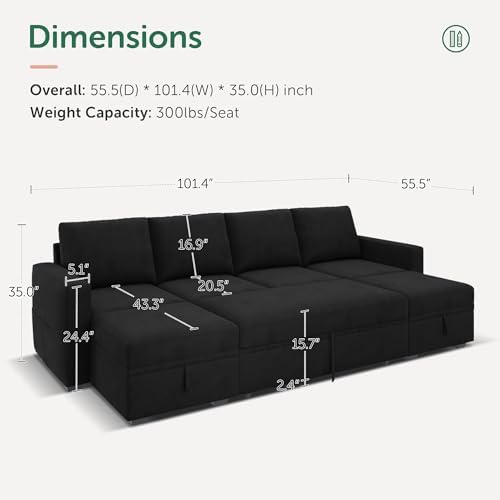 HONBAY Modular Sectional Sleeper Sofa Bed, Velvet Sectional Couch with Pull Out Bed U Shaped Modular Couch with Storage Ottoman for Living Room, Black - Image 2