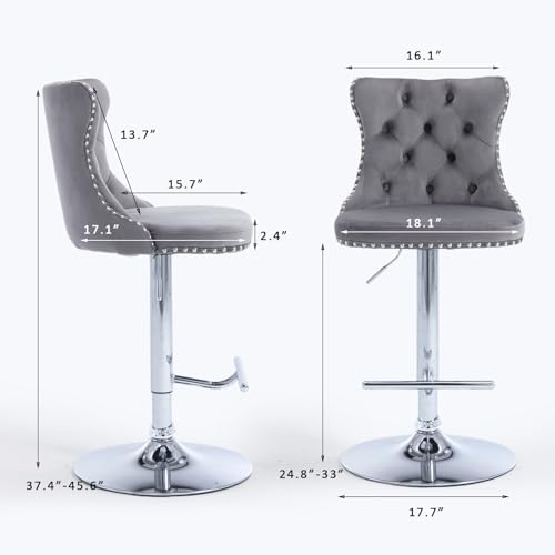 SoarFlash Velvet Bar Stool Set of 6, Adjustable Swivel Bar Stools with Silver Plated Metal Leg, Button Tufted, Footrest, Chrome Nailhead, Counter Height Chair for Kitchen, Bar, Dining Room (Grey) - Image 2