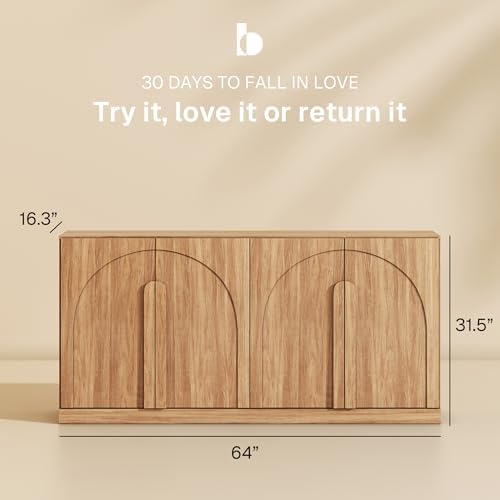 BELLEZE Set of 2 Bijou 64" Modern Buffet Sideboard, Mid-Century Arch Carved Wood Door Cabinet, Textured Storage Console for Living Room, Kitchen, Entryway - Camel - Image 2