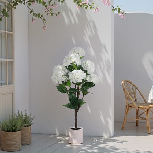 YEPDIN Set of 2 Artificial Hydrangea Tree 4 ft- Large Faux Hydrangea Plants Indoor Outdoor，Fake Flower Trees with White Tall Planter for Home Garden,Front Decor - Image 5