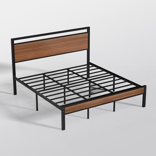 Z-hom King Metal Bed Frame with Wooden Headboard and Footboard, Heavy Duty Platform Frame with Metal Slats, No Box Spring Needed, Quiet and Non-Slip Design, Space Saving Bed Frame for Bedroom,Walnut - Image 5