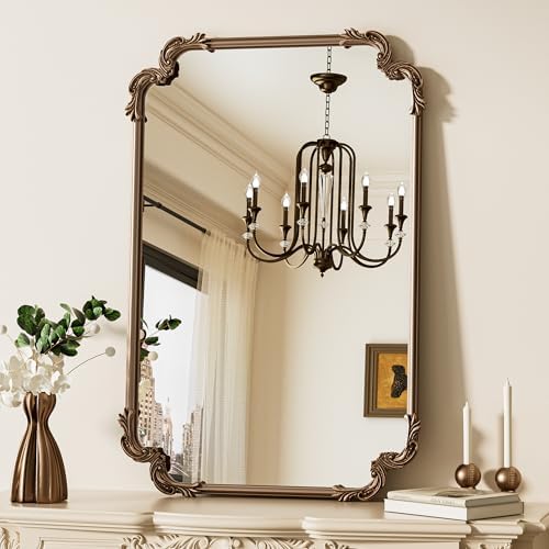 TETOTE Antique Gold Brass Rectangle Mirror for Mantle Fireplace 24 x 36 Baroque Vintage Ornate Scroll Wall Mirror with Metal Frame for Traditional Victorian French Decor, Horizontal/Vertical by TETOTE