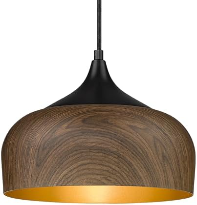 ELYONA Modern Bauhaus Pendant Light Walnut Wooden Pattern Dome Pendant Light Fixture Matte Black Metal Gold Inner Adjustable Hanging Lighting for Kitchen Island Dining Room Office Hallway Bedroom by ELYONA