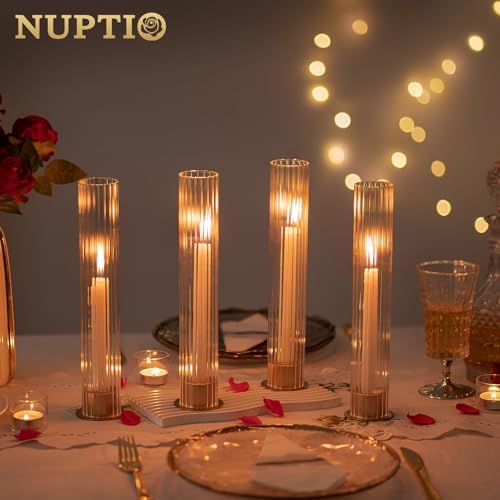 NUPTIO Hurricane Glass Candle Holders, Set of 10 Gold Taper Candle Holders - Image 6