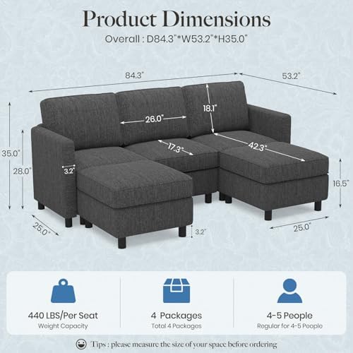 Belffin 84.3" 5 Seats U Shaped Couch Modular Sectional Sofa Washable Sectional Couches for Living Room Comfy Couches with Storage Seat Couch Sofas with Chaise,Dark Grey - Image 2
