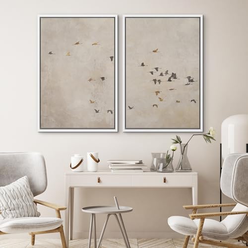 SIGNWIN Framed Canvas Print Wall Art Set Flying Birds Silhouette Minimalist Beige Illustrations Modern Minimal Decorative for Living Room, Bedroom, Office - 24"" x36 x2 White - Image 4