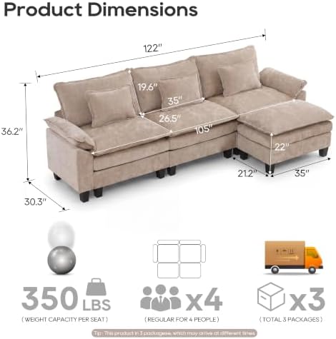 URRED Oversized Modular Sectional Sofa，Khaki：122" L Shaped - Image 2