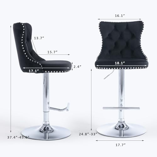 SoarFlash Velvet Bar Stool Set of 6, Adjustable Swivel Bar Stools with Silver Plated Metal Leg, Button Tufted, Footrest, Chrome Nailhead, Counter Height Chair for Kitchen, Bar, Dining Room (Black) - Image 2
