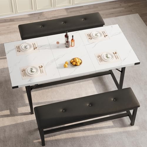 IDEALHOUSE 3 Piece Dining Table Set for 4-6, 63" Extendable Thick Metal Frame Kitchen Table with 2 Upholstered Benches Set for 6, Rectangle Wooden Dinette Table Set for Dining, Apartment, Marble White - Image 2