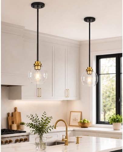 Pendant Lights Kitchen Island 2 Pack, 7" Black and Gold Hanging Lights Fixtures with Clear Glass Globe Shade, Modern Kitchen Island Lighting for Bathroom, AD-22280-1P2-KG by Audickic