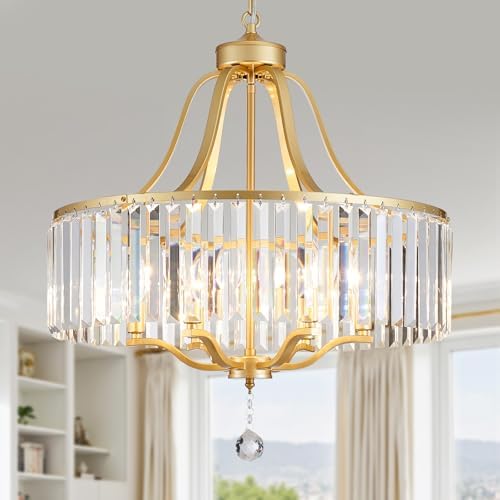 6-Light Crystal Gold Chandeliers for Dining Room 22 Inch Modern Farmhouse Chandelier Large Pendant Lighting Fixture Round Hanging Lamp for Living Room Kitchen Island Hallway Bedroom Foyer Hall by peksoe