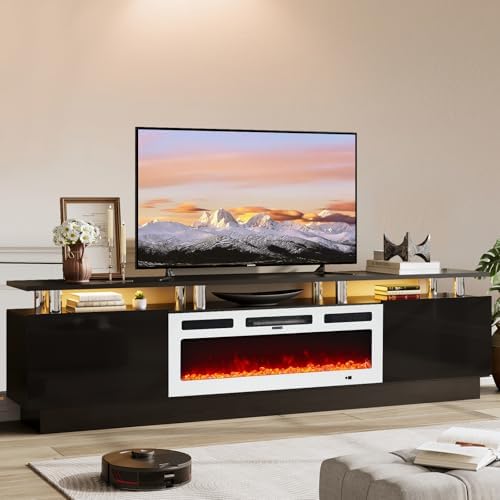 80" TV Stand for Living Room, Modern Entertainment Center & Media Console, Fits TVs up to 80", Storage Cabinet with Shelves, 36" Electric Fireplace with LED Flame(Black+White) by Unknown