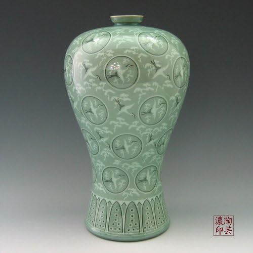 Korean Celadon Glaze Inlaid Clouds and Cranes Pattern Inlay Design Green Decorative Porcelain Ceramic Pottery Home Decor Accent Prunus Vase - Image 2