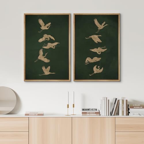 SIGNWIN Framed Canvas Print Wall Art Set Golden Cranes in Flight on Deep Green Illustrations Modern Art Rustic Colorful Ultra for Living Room, Bedroom, Office - 16"" x24 x2 Natural - Image 3