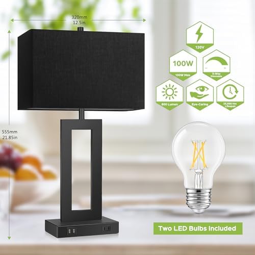 TOBUSA 22" Black Modern Table Lamp Set of 2 with 2 USB Ports&AC Outlet - Image 3