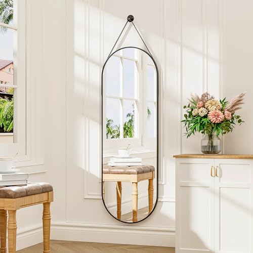 48"x16" Hanging Mirror Full Length with Leather Strap,Oval Full Length Mirror Wall-Mounted Hanging Mirrors for Bathroom Vanity Living Room Bedroom Entryway Décor, Black by TinyTimes