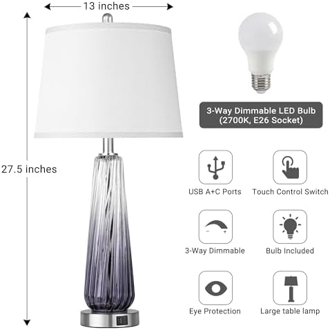 Modern Glass Table Lamps, 27.5" Bedside Lamps for Living Room, Grey, 1 Pack - Image 5