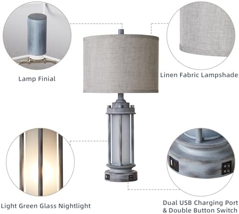 AIEAMPDO 25" Rustic Farmhouse Nightstand Lamp with 2 USB C+A Ports - Image 5