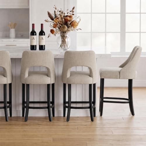 UVV Bar Stools Set of 4, Upholstered Counter Height Bar Stools, Modern Counter Stools with Wood Legs for Kitchen Island Dining Room Bar, Khaki-Black Legs by UVVLivetheQualityLife