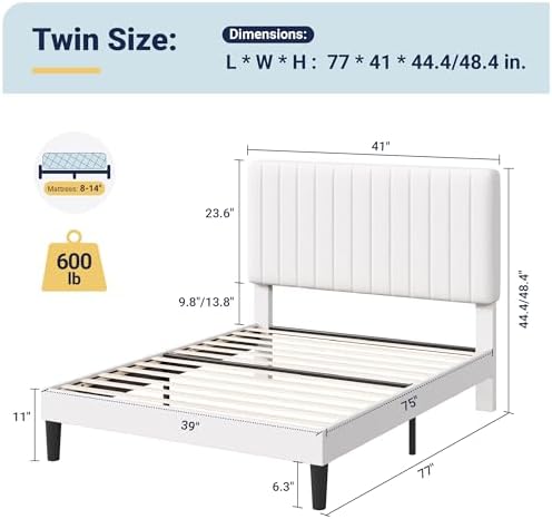 Allewie Twin Bed Frame, Velvet Upholstered Platform Bed with Adjustable Vertical Channel Tufted Headboard, Mattress Foundation with Strong Wooden Slats, Box Spring Optional, Easy Assembly, Off-White - Image 2