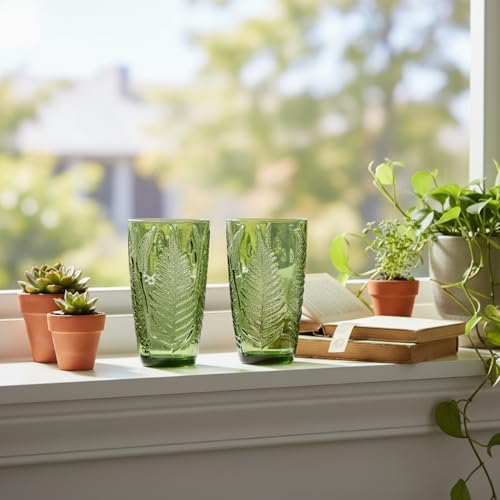 Green Drinking Glasses Set of 8, 16 oz Glass Cups, Vintage Fern Glassware - Image 4