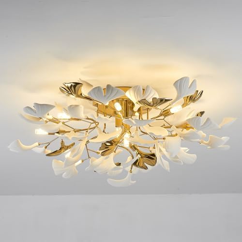 Tree Branch Chandelier Ceiling Light, Modern Gold Ceramic Ginkgo Leaf Chandeliers Brass Flush Mount Chandelier Light Fixture for Kitchen Living Room Dining Room, 31.5" Ceiling Light Fixture by GREMLBUK
