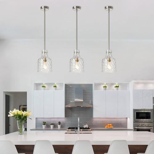 WILON Modern Glass Pendant Lighting for Kitchen Island, Farmhouse Pendant Lights for Dining Room Kitchen Sink, Adjustable Hanging Ceiling Light 7" Hammered Glass Shade, Brushed Nickel Metal Finish - Image 6