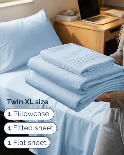 Twin XL 3 Piece Sheet Set - College Dorm Room Essentials - Light Blue - Image 3