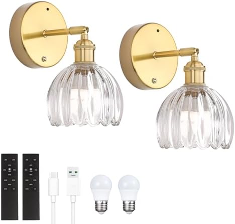 Shenmoyl Battery Operated Vintage Wall Sconces with Transparent Tulip Glass Lampshade Battery Powered Wall Lighting for Bedside Bedroom Doorway, Set of 2 by Shenmoyl