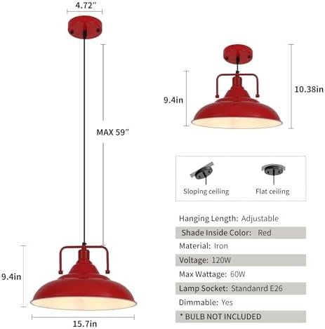 Red Pendant Lights Kitchen Island, Large Pendant Light 15.7" 3 Packs, Farmhouse Pendant Light, Modern Pendant Lights, Kitchen Pendant Lights, Pendant Light for Kitchen, Living Room, Bedroom - Image 6