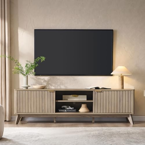 OKD 70" Mid Century Modern Fluted TV Stand w/ 2 Soft Close Door, Alder Grey - Image 2