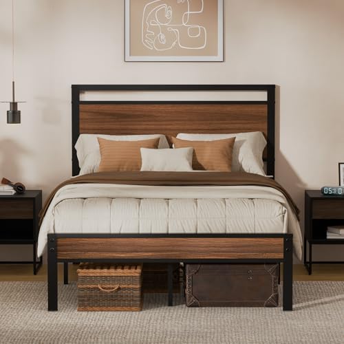 Z-hom Full Metal Bed Frame&Wooden Headboard&Footboard,No Box Spring,Walnut by Z-HOM
