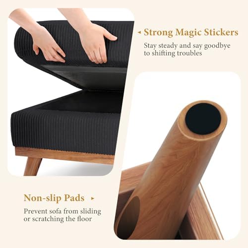 Vesgantti Large Ottoman for Modular Sofa, 29.5" Corduroy Ottoman with Spring Cushion, Rectangle Foot Rest for Couch, Entrance Footstool with Wood Legs, Footstool for Living Room, Bedroom, Black - Image 6