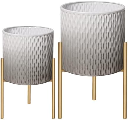 ARNIS Plants Pots with Stand,Set of 2 Flower Pots, Unique Mid Century Decorative Metal Flower Pots with Drainage,10.5&12.25 Inch, Grey and White - Image 2