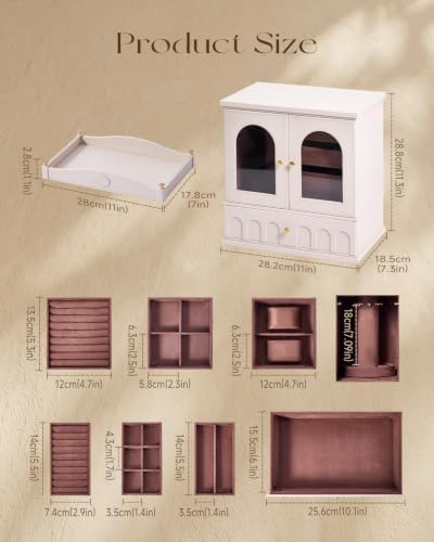 Jewelry Box Organizer, French Vintage Jewelry Organizer Box with 360° Rotating Necklace Hangers, 4 Drawers, Removable Tray Design, Jewelry Storage Display for Women, Off-White - Image 7
