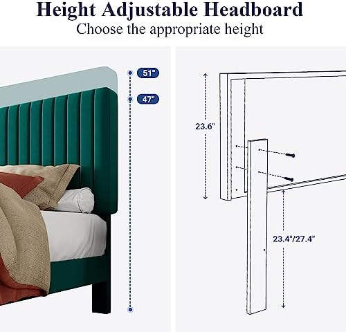 Allewie Full Bed Frame, Velvet Upholstered Platform Bed with Adjustable Vertical Channel Tufted Headboard, Mattress Foundation with Strong Wooden Slats, Box Spring Optional, Easy Assembly, Teal - Image 6