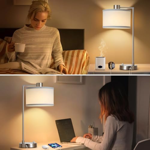 Silver Table Lamp Set of 2, Dimmable Bedside Lamps for Night Stand, USB A+C - Image 2