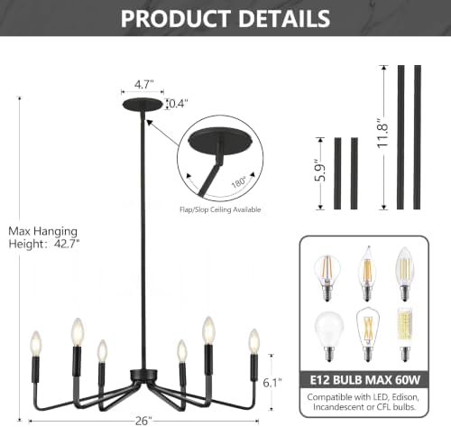 6-Light Black Dining Room Chandelier, 26in Industrial Pendant Light - Image 6