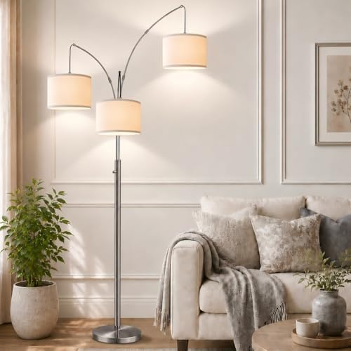 Nintiue Dimmable Floor Lamp - 3 Lights Brushed Nickel Arc Floor Lamps for Living Room,1000LM Modern Tall Standing Lamp with White Shades,Mid Century Tree Floor Lamp for Bedroom,3 LED Bulbs Included - Image 6