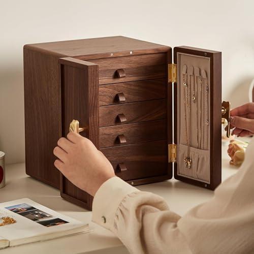 Black Walnut Wooden Jewelry Box for Women, 5 Layer, Brass Handle - Image 6